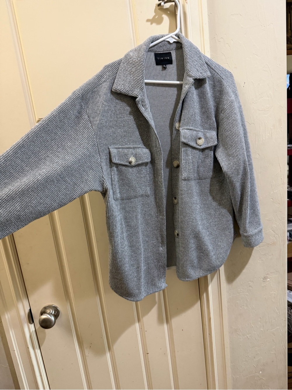 Timing Gray Ribbed Button-Front Utility Shacket